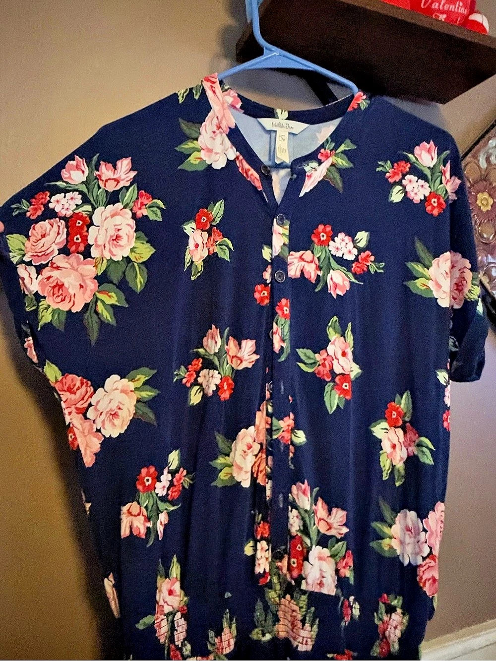 Matilda Jane Floral Button Front Top Blue & Pink Size Medium
